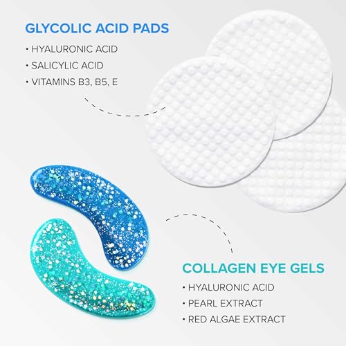 MAREE Skincare Bundle - Eye Gels, Facial Polish - Under Eye Gels for Puffy Eyes & Dark Circles - Glycolic Acid Peel Pads - Marine Collagen & Hyaluronic Acid - Salicylic Acid & Vitamins E, B3, B5