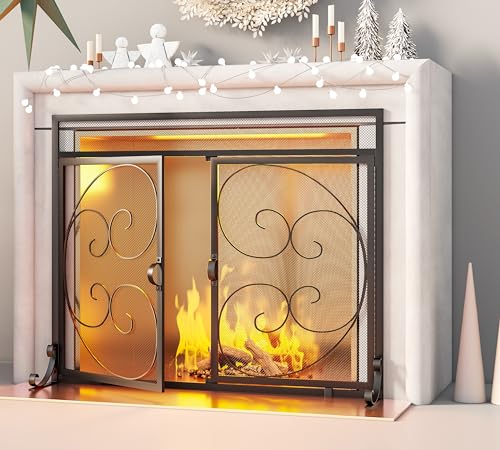 Fire Beauty Wrought Iron Fireplace Screen with Magnetic Double Doors Black