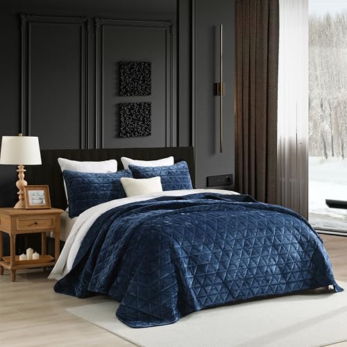 Homzard Navy Blue Velvet King Comforter Set 3pcs, All-Season Luxury Bedding