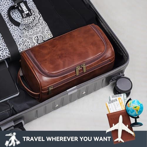 Light Brown Leather Travel Toiletry Bag for Men with Hanging Hook - Small Organizer