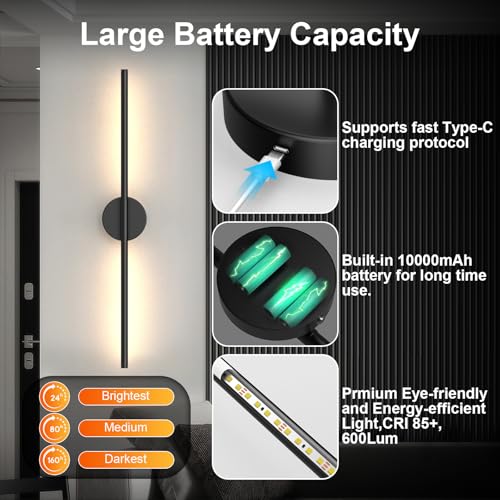 Black 32 Inch Rechargeable Wireless LED Wall Sconce Set of 2 with Remote, Dimmable & Rotatable