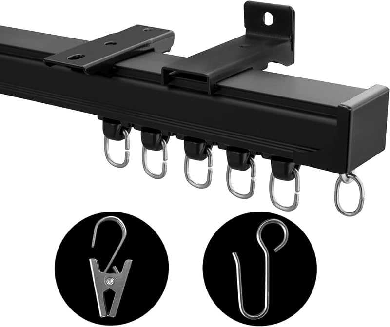 Ceiling Curtain Track System 9ft-12ft, Heavy Duty Wall/Ceiling Mount with Hooks & Clips - Black (Variation: Black+9ft - 12ft)