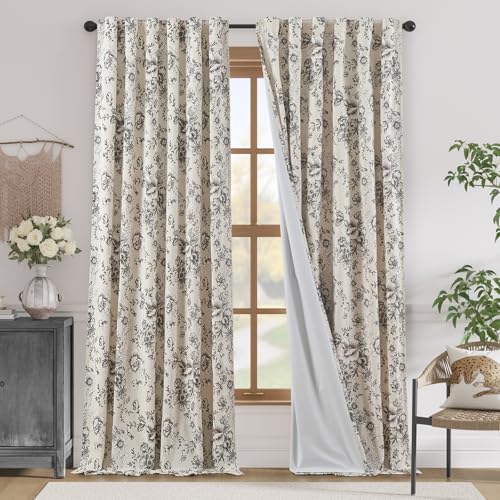 jinchan Black Floral Linen-Lined Curtains 50W x 108L, Pack of 2, Farmhouse Style