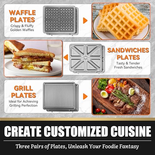 FineMade 3-in-1 Belgian Waffle Maker with Removable Plates - Large Family Grill & Sandwich Press