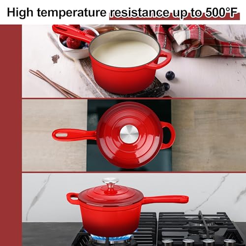Leonyo 1+2+3 Qt Enamel Cast Iron Saucepan Set – Red Dutch Oven Cookware