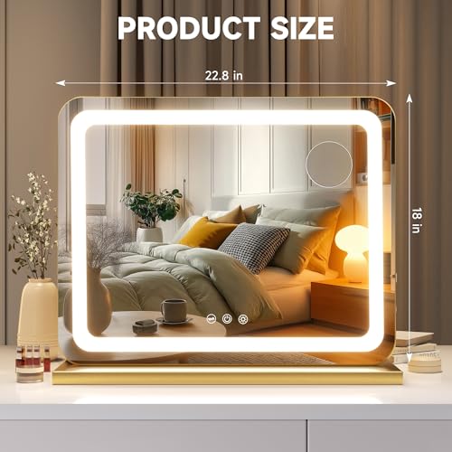 Hasipu Lighted Vanity Mirror with Lights - 22.8 x 18 Inches Dimmable LED Makeup Mirror, Touch Control, Gold
