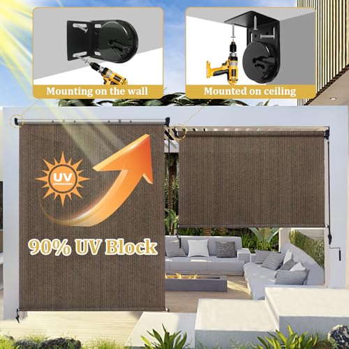 Outdoor Roller Shades 6' W x 8' H Splicing Design Cordless Patio Blinds - Mocha