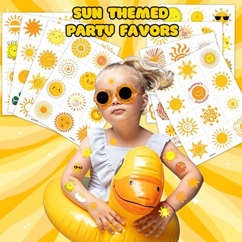 96 PCS Yellow Sun Pre-Cut Birthday Party Decorations Favors Supplies Gold Hippie Sun Smile You Are My Sunshine Decor Temporary Tattoos Stickers for Girls Boys Cute Gifts School Prizes Rewards