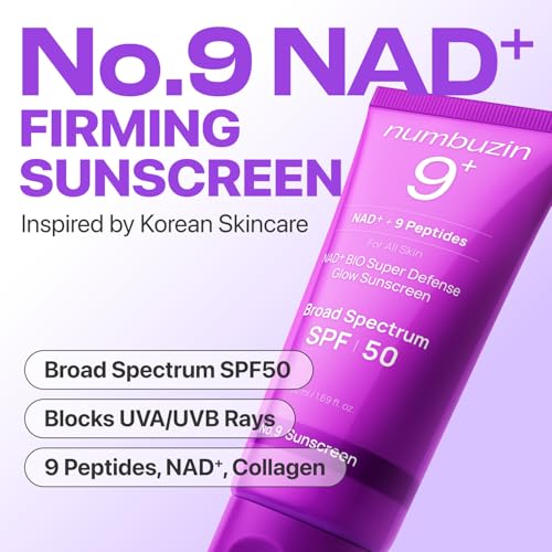 numbuzin No.9 Sunscreen | Super Defense Glow Sunscreen | Broad Spectrum SPF 50 | For All Skin Types & Skin Tones | Glowing, Dewy Finish, Water-Resistant | No White Cast, Korean Skincare | 1.69 fl. oz.