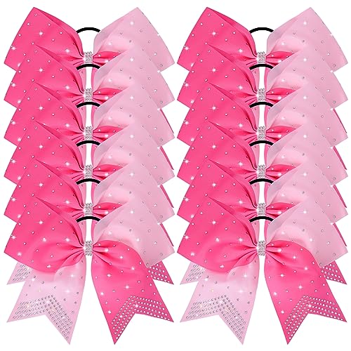 CEELGON 12 Pack Light Pink & Hot Pink Rhinestone Cheer Bows 7" Ponytail Holders for Cheerleaders Girls Sports