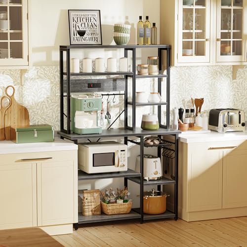 SUPERJARE Charcoal Gray Large Bakers Rack with Power Outlets, 39.4 Inch Microwave Stand