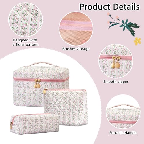 Pink Floral Quilted Makeup Bag Set - 3PCS Cosmetic Travel Organizer for Women & Girls - Variation of Pink Floral