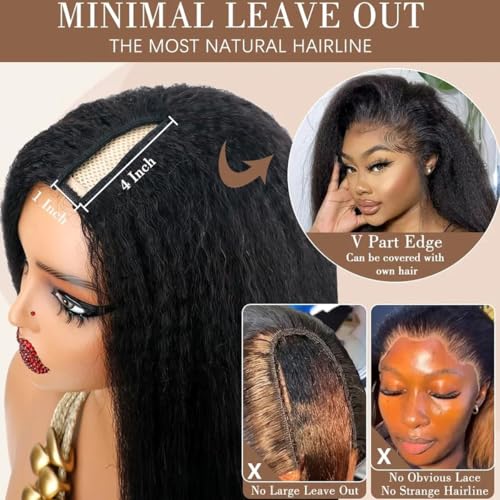 24 Inch Black Kinky Straight U Part Wig Natural Hair-Like Human Hair Style Variation