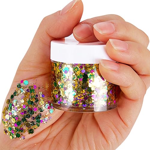 Mardi Gras Gold Hair Face Glitter,Mardi Gras Outfit for Women,Green Purple Gold Mixed Holographic Self-Adhesive Body Glitter,Festival Chunky Sequins Carnival Costume New Orleans Decorations