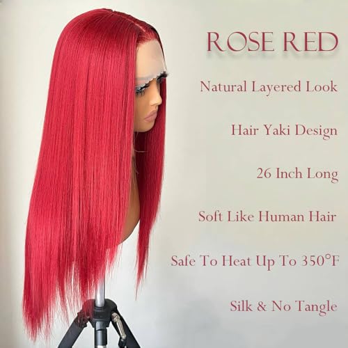 Rose Red Straight Lace Front Wig 26 Inch Glueless Synthetic Hair for Women - FABÉLLE