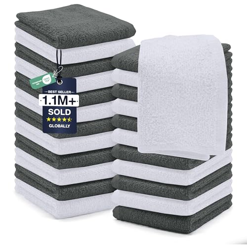 Assorted 24 Pack Cotton Washcloths for Face & Body, Grey & White