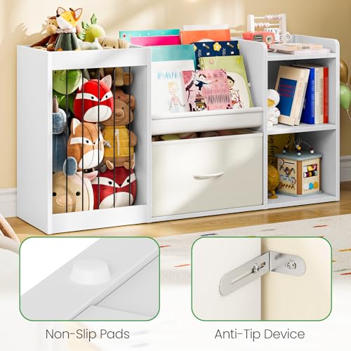 Kids Bookshelf with Stuffed Animal Storage - 3-Tier Organizer, Large Fabric Drawer, White