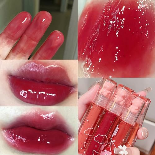 3 Colors Bear Lip Gloss,Jelly Lip Glaze,Cute Liquid Lipstick Bear Lip Stain Watery Lipgloss Plumping Lip Tint Moisturizing Waterproof Long Lasting for Lip and Cheek