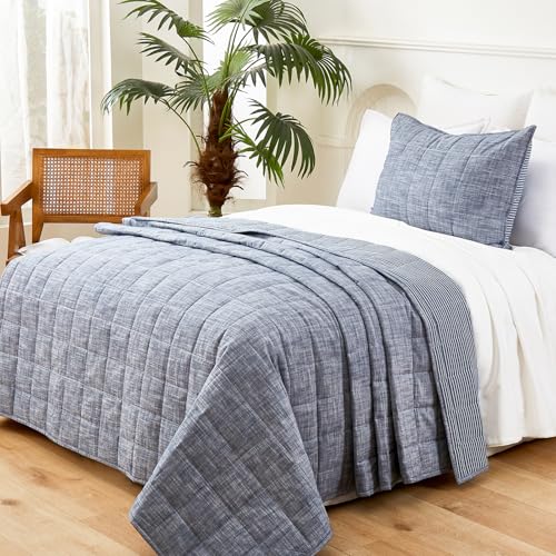 Denim Blue Navy Twin Quilt Set with Shams - 2 Piece Cotton Bedding, Reversible