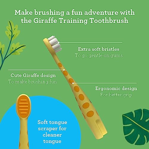 Giraffe Kids Toothbrush with Tongue Scraper & Cover – Super Soft Bristles, Ergonomic Handle, 1 Pack of 6 – Toddler Oral Care