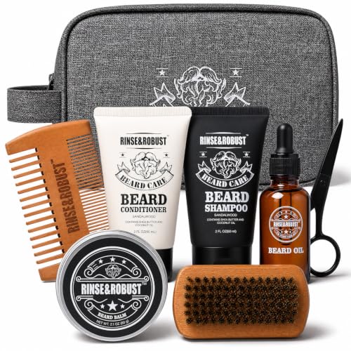 Sandalwood Beard Grooming Kit for Men - Travel Set with Oil & Balm, Toiletry Bag, Holiday Gift