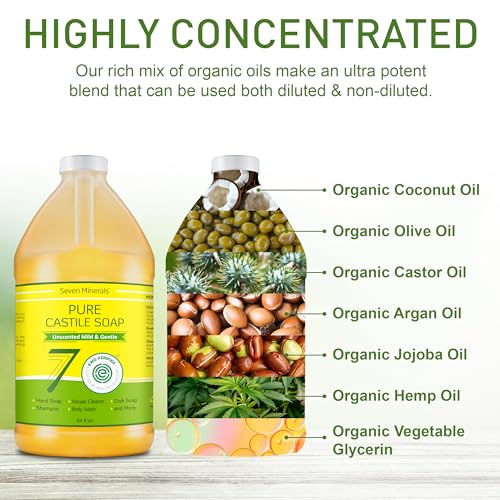 Unscented Seven Minerals Pure Castile Soap - Gentle Liquid Hand & Body Wash, 64 Fl Oz