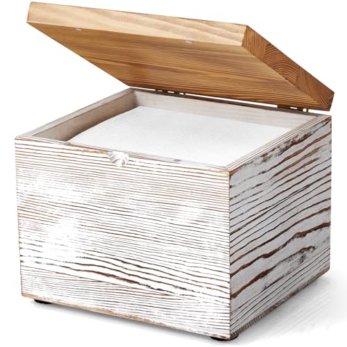White Washed Wood Face Towel Holder with Lid - Dispenser for Vanity & Bathroom