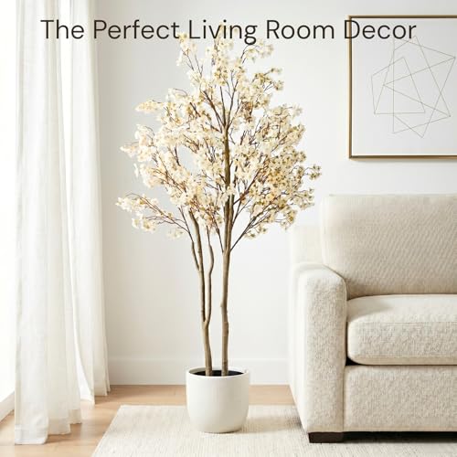 White Artificial Cherry Blossom Tree with Lights - 6ft Indoor Decor - Faux Sakura Tree for Living Room & Events