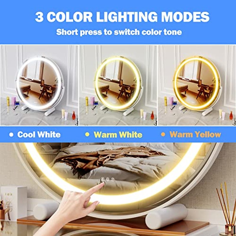 12" Round Vanity Mirror, LED Lights, Smart Touch 360¡ÆRotation, Dimmable White