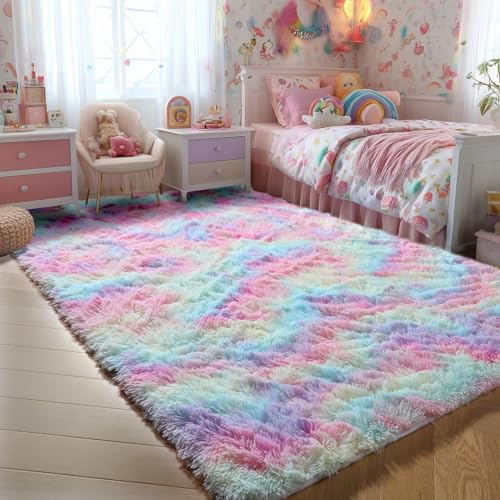 PAGISOFE 6x9 Rainbow Fluffy Area Rug for Bedroom Kids & Girls, Plush Shaggy Carpet