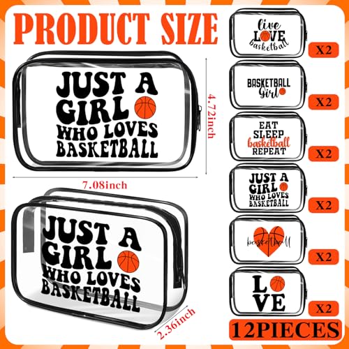 Reginary 12 Pcs 7 x 4.7 x 2.4'' Basketball Makeup Bag Clear Cosmetic Case Basketball Team Gifts Sport Goodie Bag Stuffers Accessories for Woman Toiletry Zipper Pouch Team Party Favors