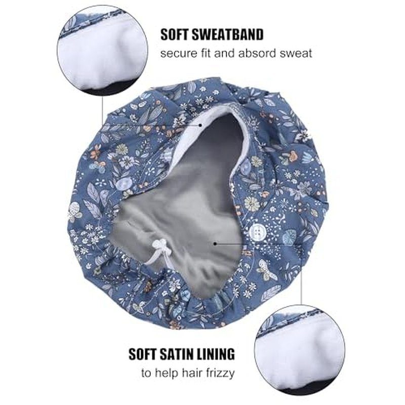 6 Pcs Satin Lined Scrub Caps Women Nurse Surgical Hat with Buttons Ponytail Working Adjustable Pouch Tie Back(Classic Style)