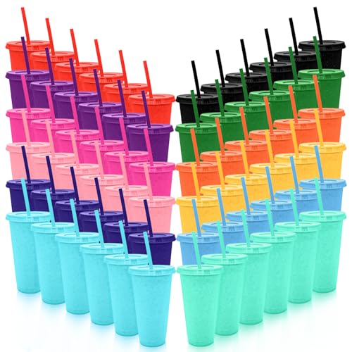 72 Pack Glitter Plastic Cups with Lids and Straws - 24 oz Reusable Coffee Cups for Parties