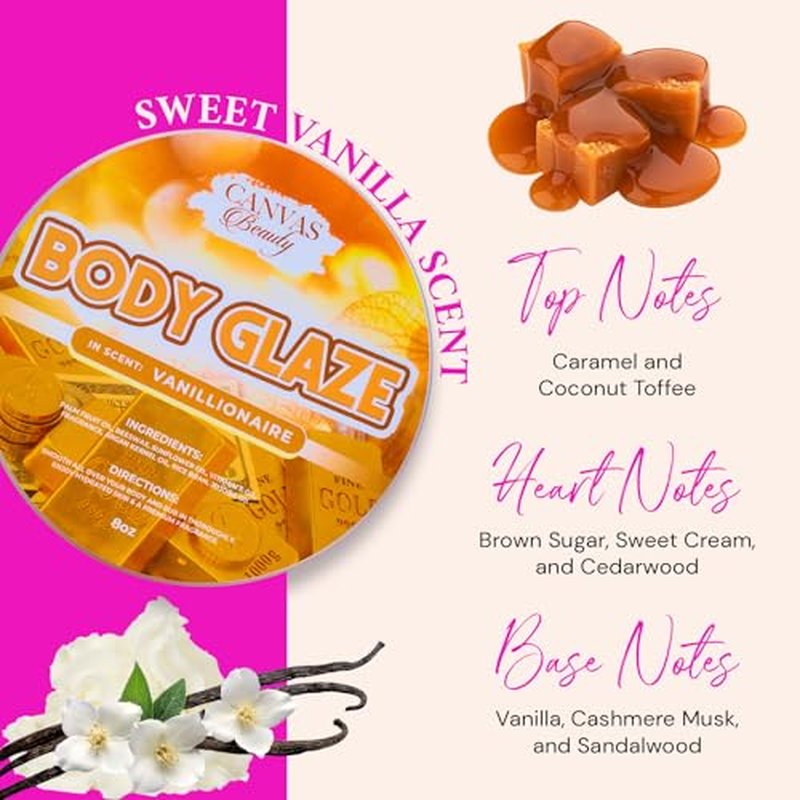 Canvas Beauty Body Glaze, Moisturizing Non-Greasy Body Butter for Women With Beeswax, Jojoba Oil, and Rice Bran for Soft and Glowy Skin (VANILLIONAIRE)