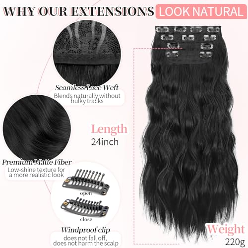 KooKaStyle 24in Wavy Thick Clip-in Hair Extensions in Black