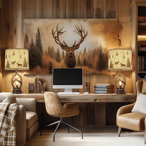 Rustic Farmhouse Antler Table Lamp Set of 2 with Night Light - Brown