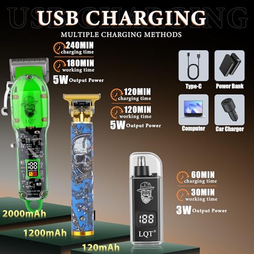Hair Clippers for Men, Professional Cordless Rechargeable Transparent Plastic Clipper Set, Electric Trimmer for Men, Nose and Ear Hair Trimmer with Comb, Wrap, Bag, Men's Birthday Christmas Gifts
