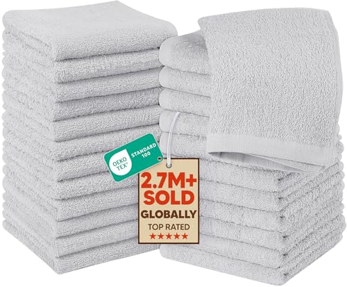 Silver Washcloth Set - 24 Pack 12x12 Inch 100% Cotton Towels - Utopia Towels
