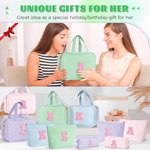 Personalized Toiletry Bag Set for Teen Girls - Green Initial Makeup & Travel Cosmetic Bag B
