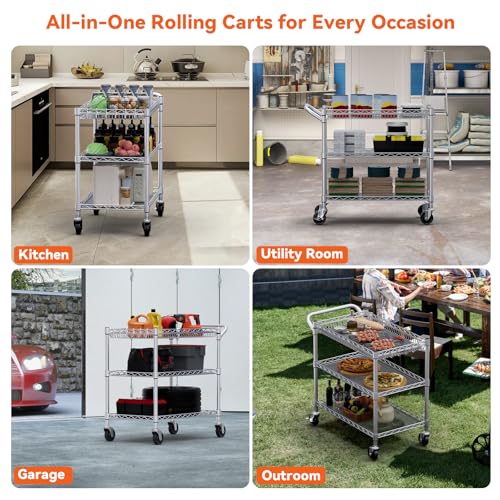 Heavy Duty Rolling Utility Cart with 3 Shelves - Silver, 990 Lbs Capacity