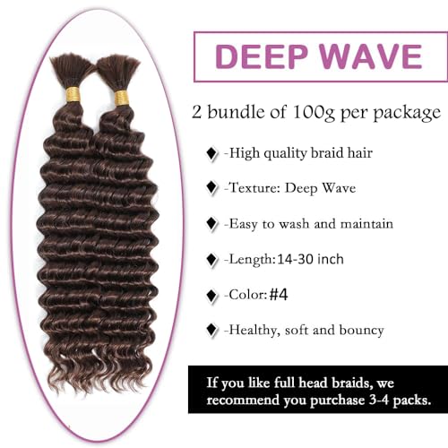 Brown Human Braiding Hair Extensions 18 Inch 3 Bundles Deep Wave Virgin Hair