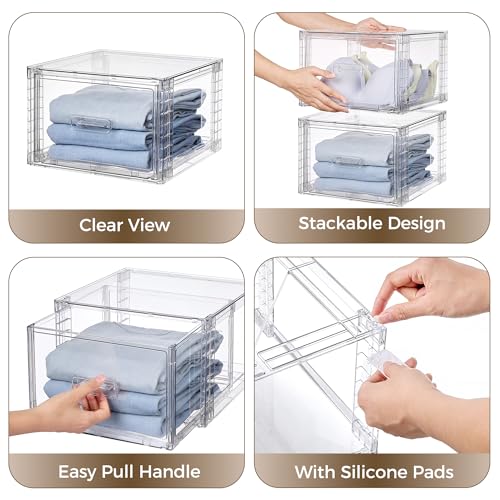 Stackable Closet Storage Drawers - Clear Plastic Organizer Bins, 15QT, Set of 8
