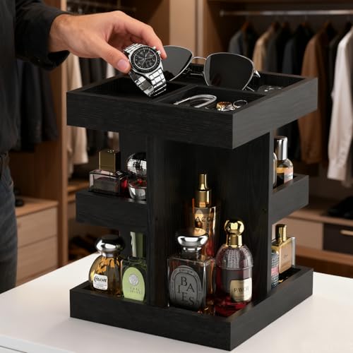 Cologne Organizer for Men Rotating Bathroom Counter Organizer, 3-Tier Solid Wood Storage Caddy, 360-Degree Rotating Stand, Burlywood (Black)