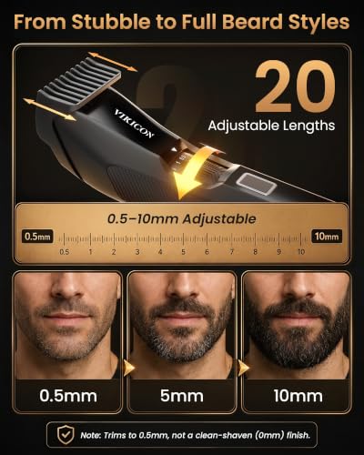 VIKICON Adjustable Beard Trimmer with 20 Length Settings, Cordless Waterproof Men’s Grooming Tool