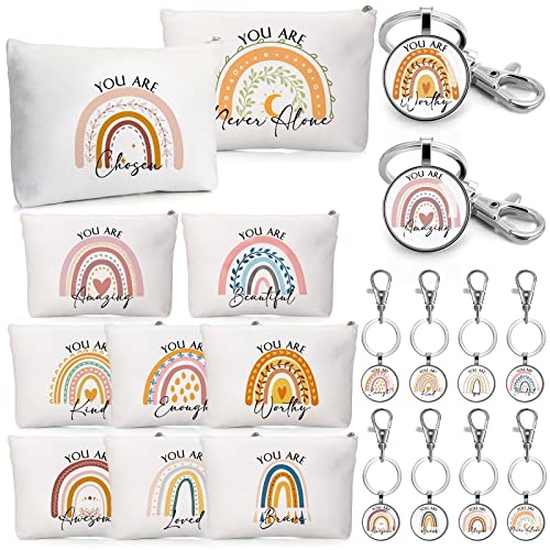 Sieral 60 Pcs Employee Appreciation Bulk Gifts for Women Rainbow Makeup Bags Inspirational Keychains Canvas Cosmetic Bags Thank You Gifts for Secretary Nurse Teacher Volunteers Social Workers