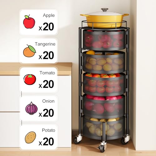Rotating 5-Tier Fruit and Vegetable Basket Stand - Black