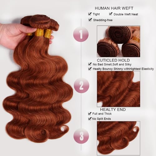 MavKuvx Copper Red Body Wave Hair Extensions 14-18 Inch Virgin Brazilian Remy