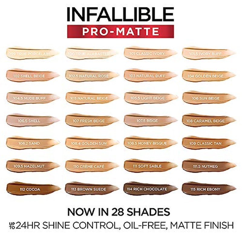 L'Oreal Paris Cosmetics Makeup Infallible Pro-Matte Liquid Longwear Foundation, True Porcelain, 1 fl oz.