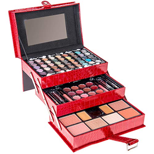 SHANY All In One Makeup Set, 67 Colors Eyeshadow, Blushes, Face Powder, Lipstick, Eye liners, Make up Pencils and Cosmetics Mirror - Makeup Kit With Reusable Beauty Organizer Train Case - Red