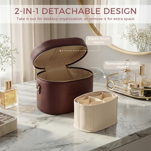 BAGOK Burgundy Leather Travel Makeup Organizer Bag with Removable Divider